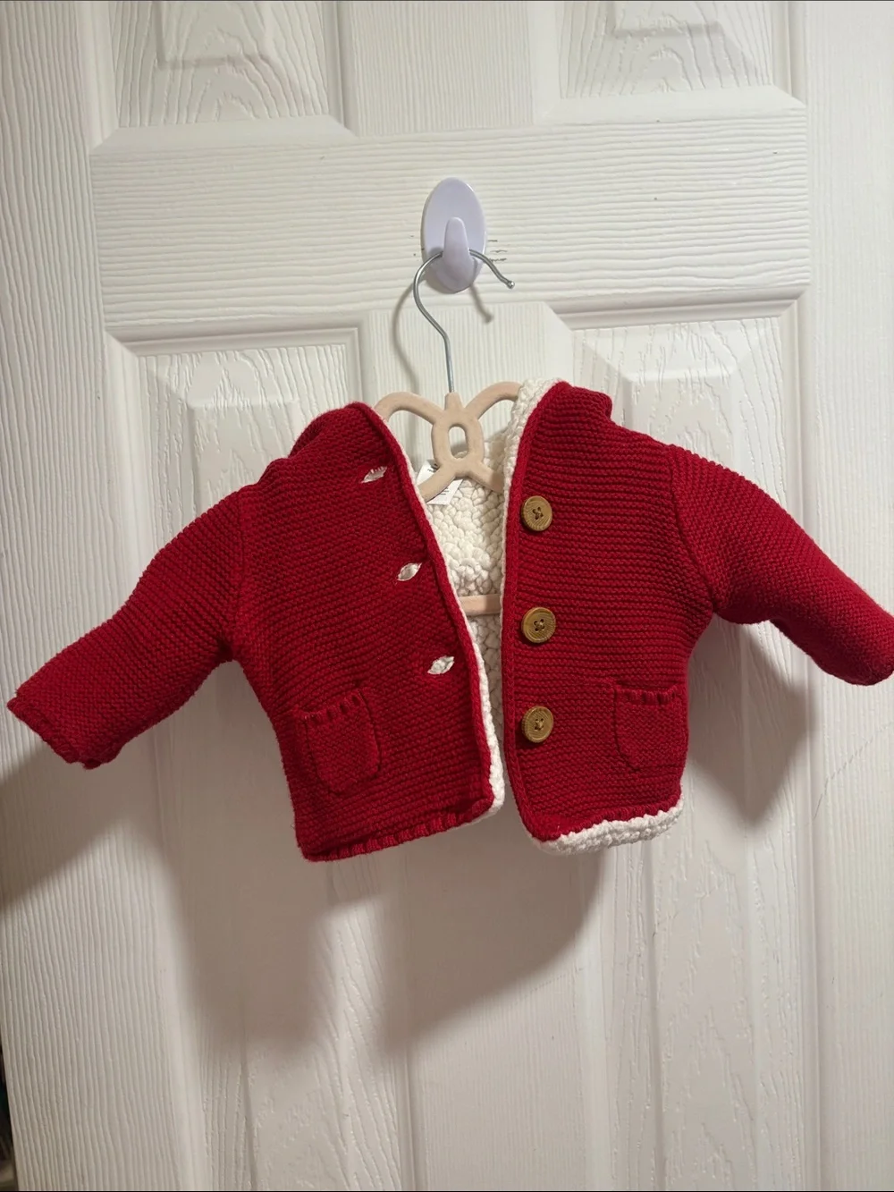 Carter's Red Knit Hooded Jacket with White Sherpa Trim